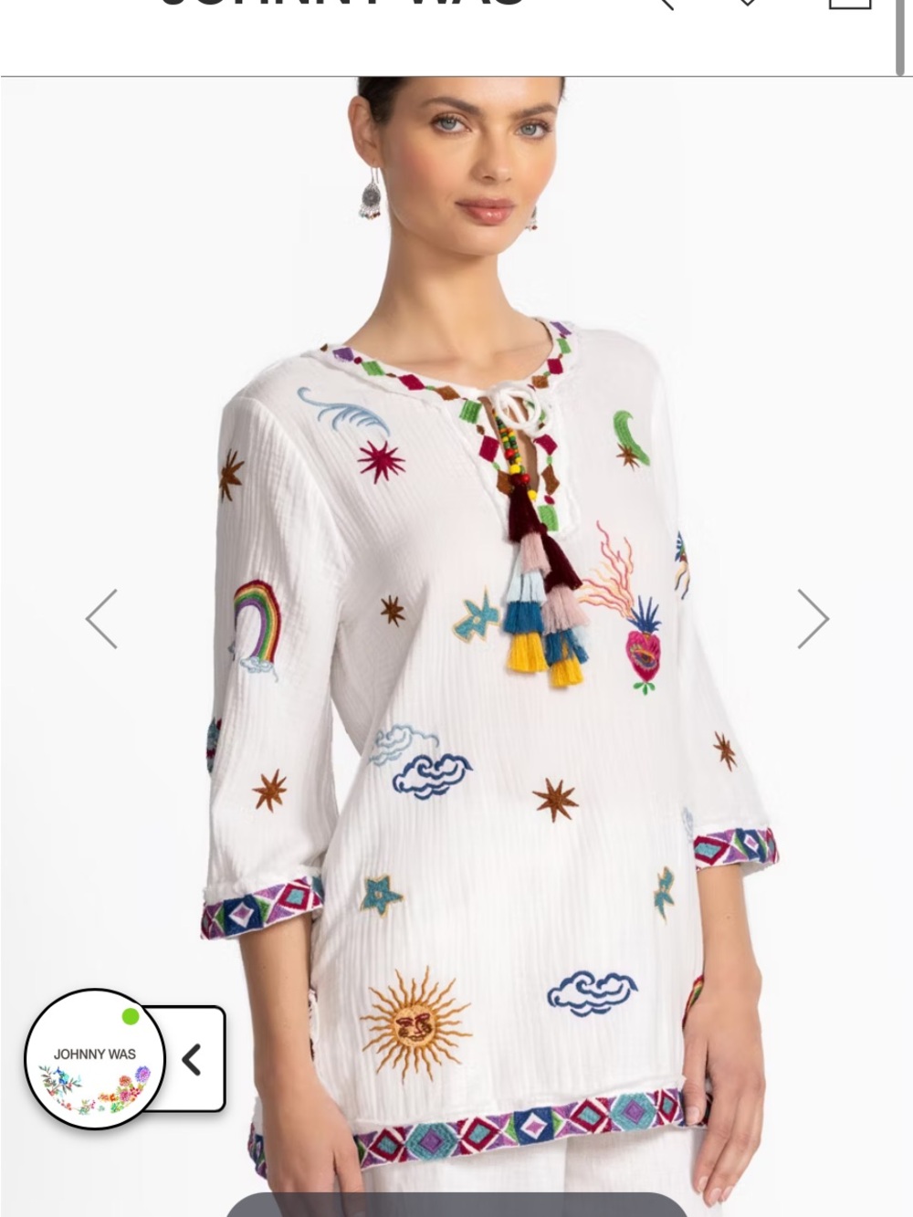 Johnny Was White Embroidered Tassel-Front Tunic with Multicolor Motifs